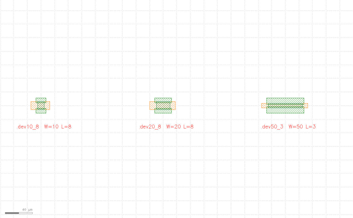 三个由同一 PCell 画出的器件变体，dev10_8、dev20_8、dev50_3，尺寸依次不同，橙色栅板、绿色源漏、网格状沟道