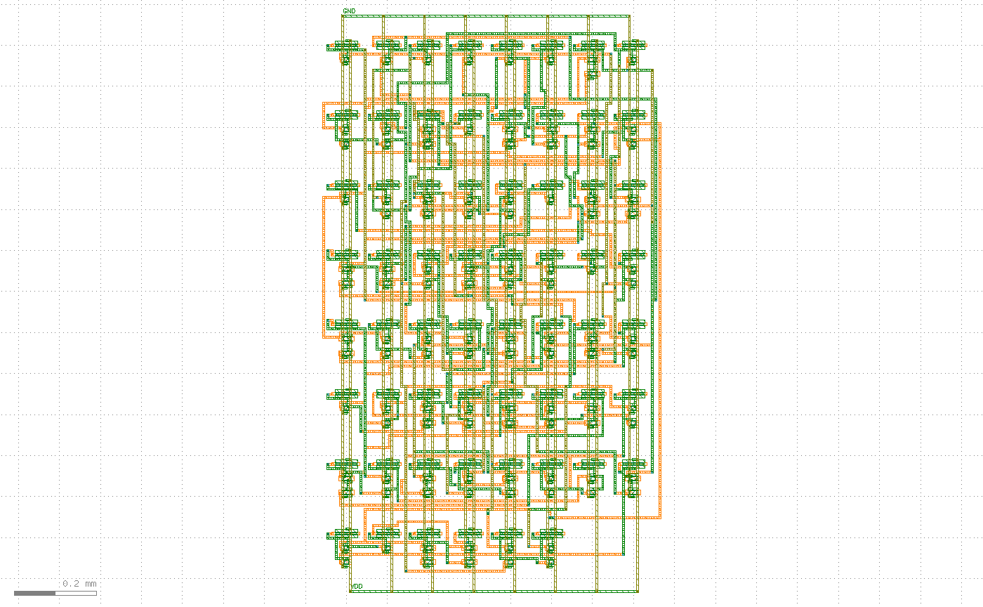 8x8 器件阵列全部布通的整体视图，行间通道里布满横向绿色走线和纵向橙色、灰色走线，四周有电源环，顶部标 GND、底部标 VDD