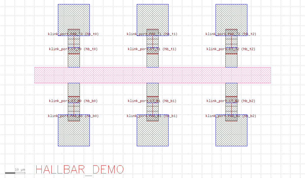 完整 Hall bar 器件全景：mesa、6 条接触、6 个 pad、6 条走线和器件标签，KLayout 实时截图