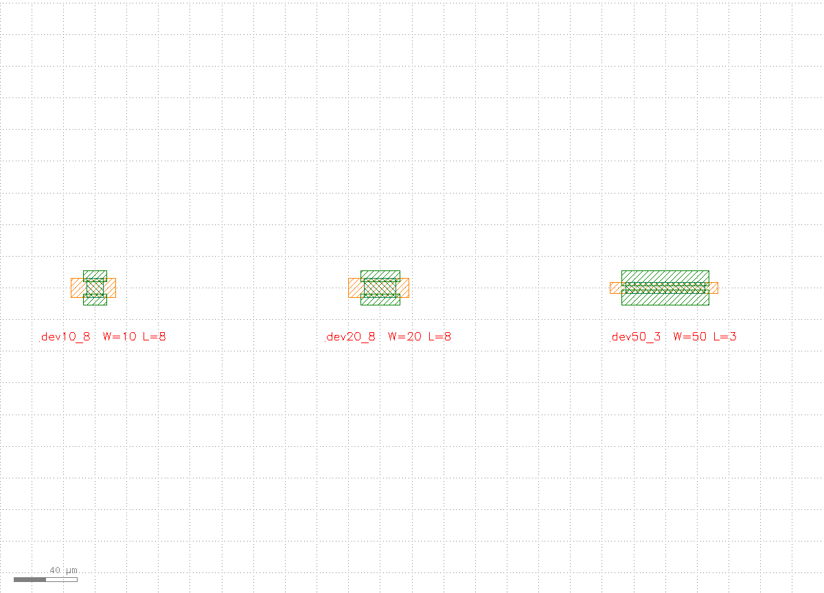 三个由同一 PCell 画出的器件变体，分别标注 dev10_8 W=10 L=8、dev20_8 W=20 L=8、dev50_3 W=50 L=3，尺寸依次变宽、源漏间隙不同