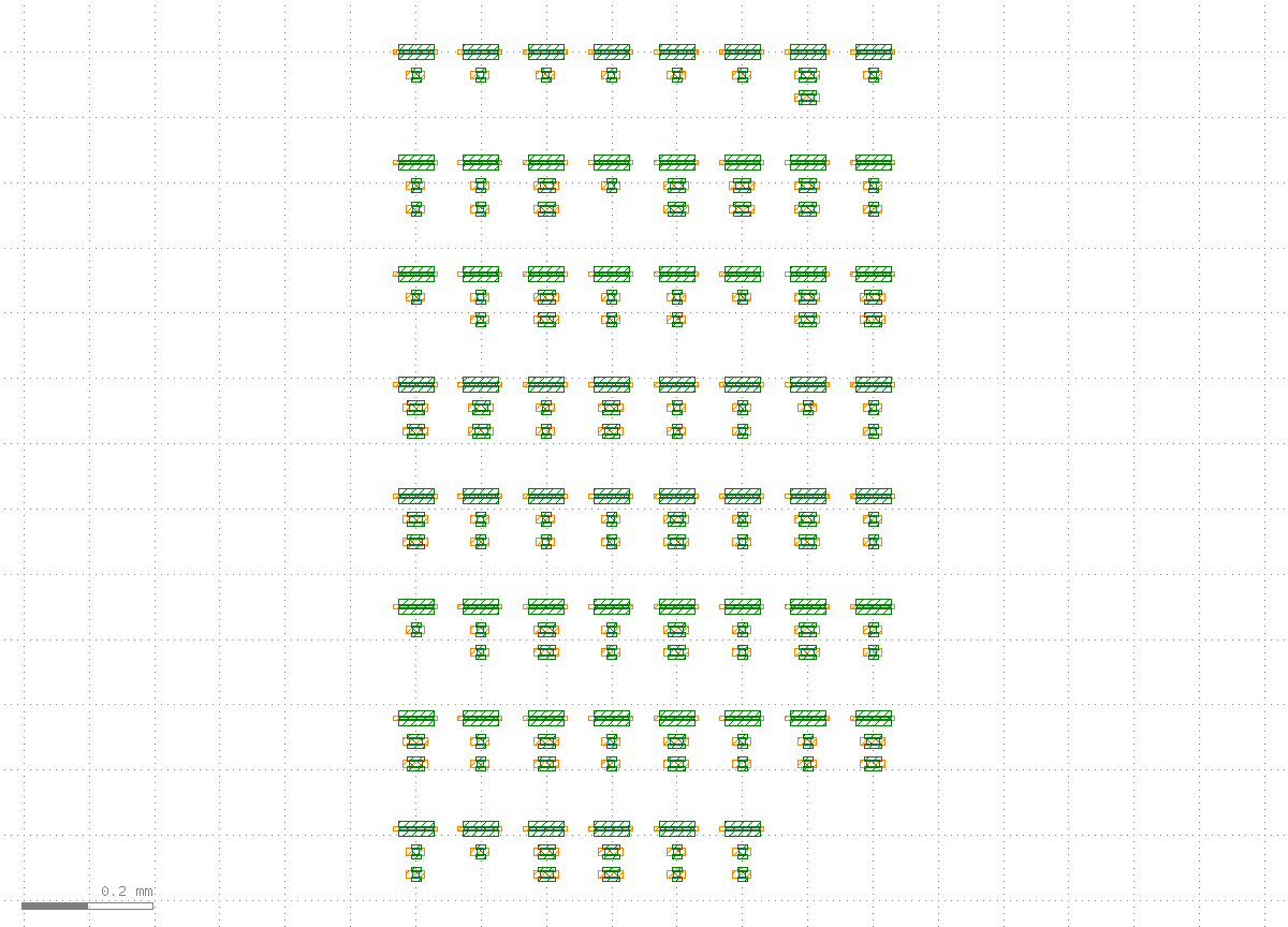 8 行 8 列的器件阵列，每列是一叠 2 到 3 个拟合 PCell 器件，行与行之间留有布线通道，尚无任何连线