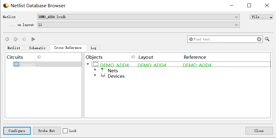 KLayout 的 Netlist Database Browser 打开 DEMO_ADD4.lvsdb，Cross Reference 页里 DEMO_ADD4 的 Nets 和 Devices 均显示为绿色（匹配）