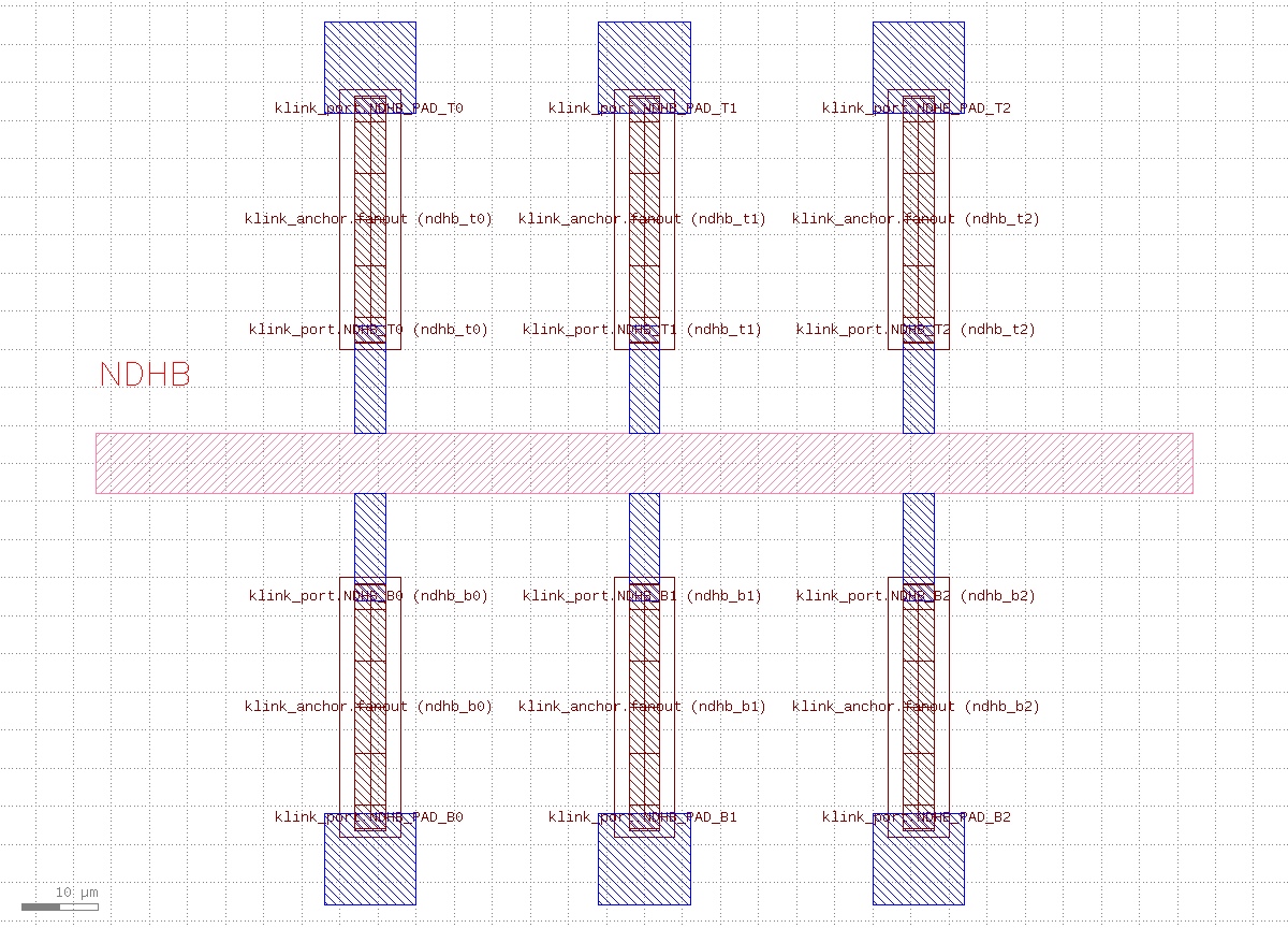 完整的 Hall bar 版图全景：mesa、六个接触、六个 fanout 走线、六个探针 pad 和器件标签