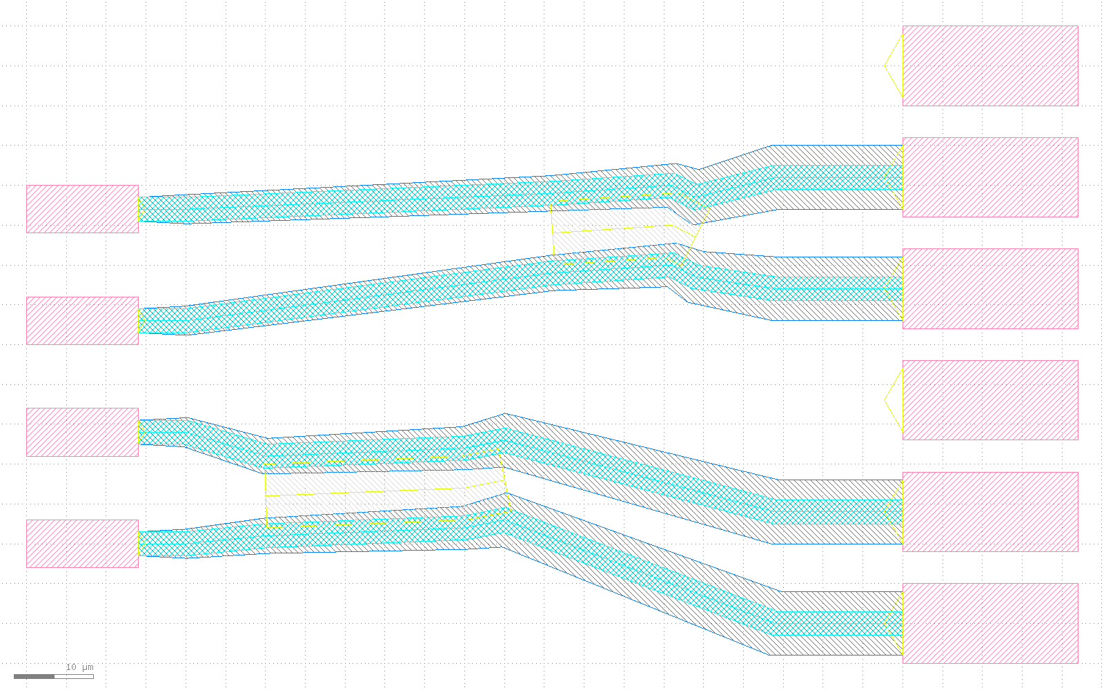 ledit.export_gds 写出的 GDS 文件在 KLayout 里打开（layout.show_file），顶层 cell 为 ROUTE_05_FANOUT，5 个图层，带 KLayout 的比例尺