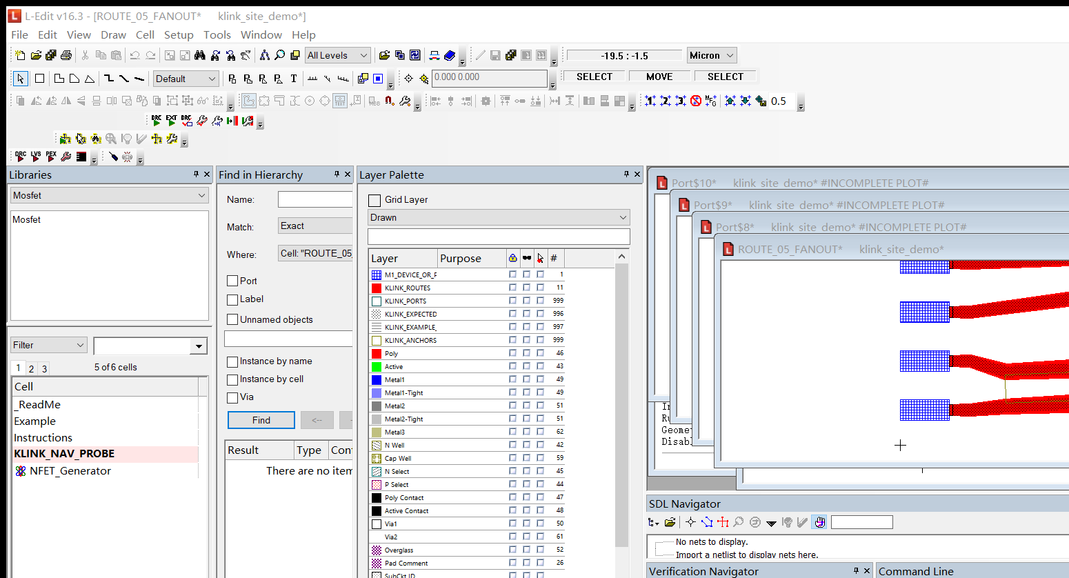 推入的 ROUTE_05_FANOUT cell 在 L-Edit v16.3 窗口中打开，图层调色板按名字列出 klink 创建的层（M1_DEVICE_OR_PAD、KLINK_ROUTES、KLINK_PORTS 等）及其 GDS 号，cell 窗口里可见推入的扇出路由
