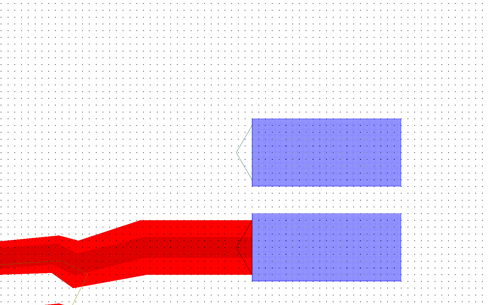 ledit.layout_view 设置矩形后 ledit.save_image 渲染的局部区域：两个焊盘、一条路由，以及 Port 标记三角形显示为一条细线（零宽 wire，读回 width_um 为 0，4 个点）