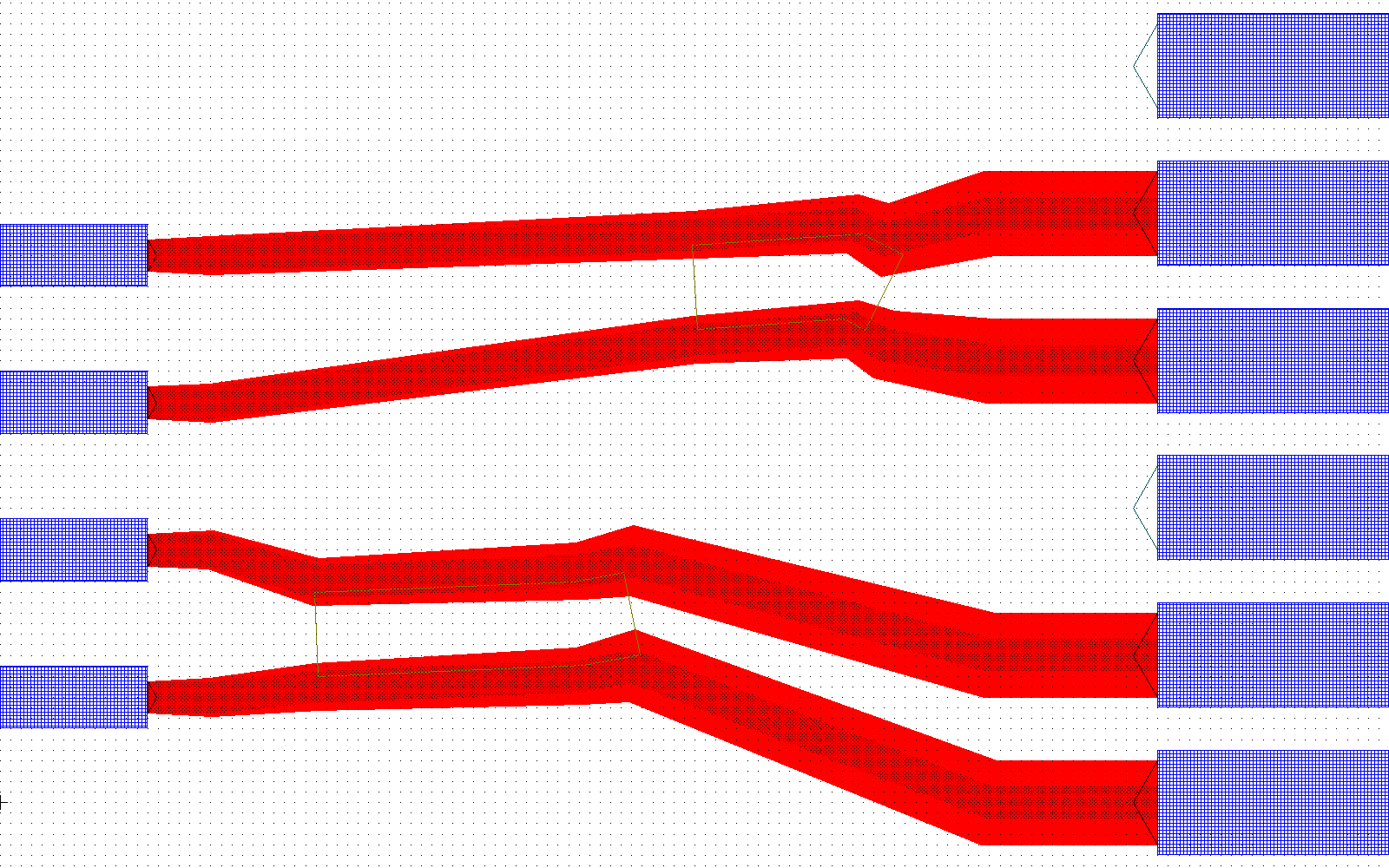 ledit.save_image 渲染的整个 ROUTE_05_FANOUT cell（L-Edit 自己的渲染器，1600x1000）：五条来自 klink tapered 路由器的路由、焊盘，以及零宽 Port 三角形显示为细线