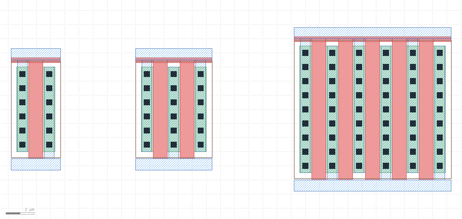 三个由 to_pcell 注册出的原生 PCell 在 KLayout 里的实例，分别标注 M=1、M=2、M=5，手指数随 M 增加，接触行数随 W 呈 floor 律，金属列在上下轨之间交替勾连