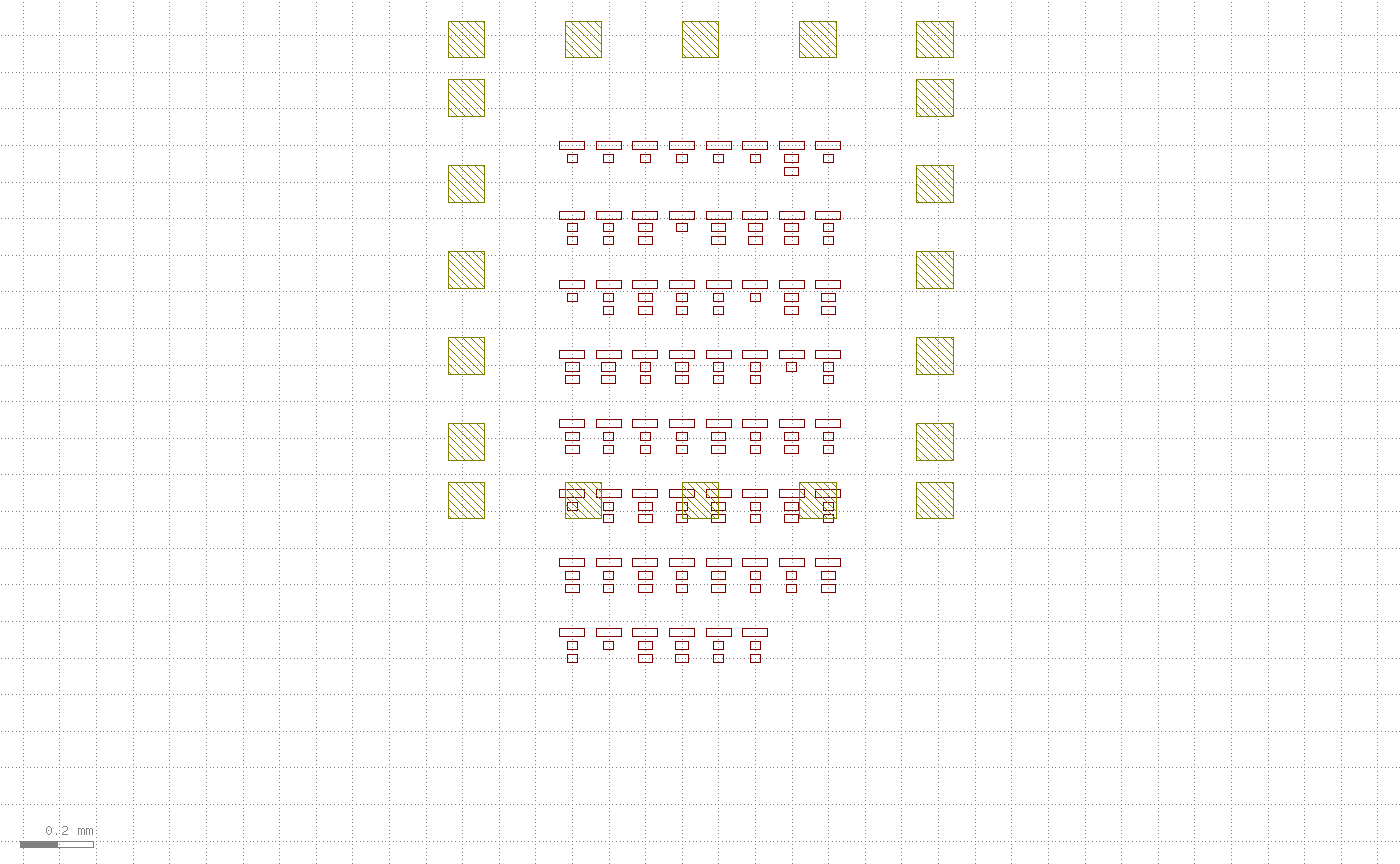 20 个 pad 方块围成一圈的 pad 环，套在中间的器件块外面，左右各 5 个、上下各 5 个